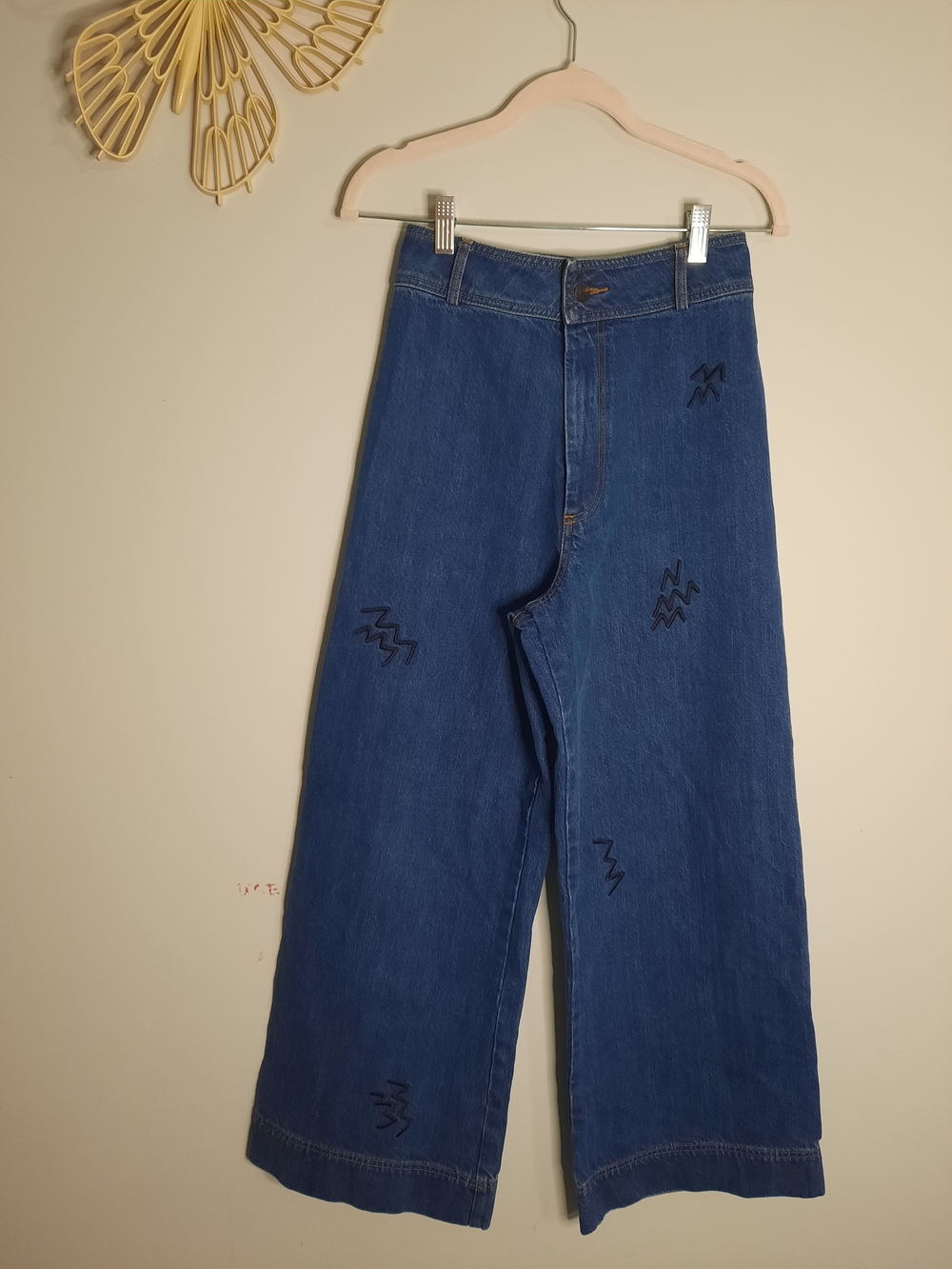 etre cecile Sz 25 Wide Leg, High-Waisted Blue Jeans W/ Embroidery, Barrell